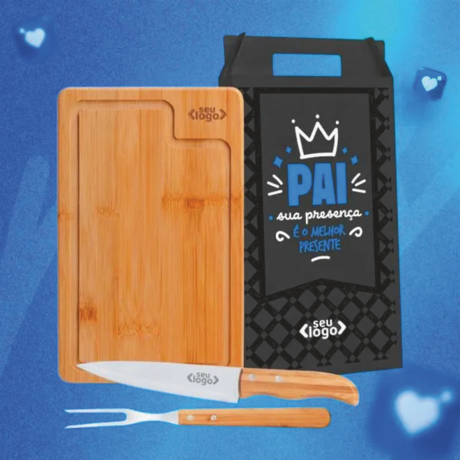 Kit premium de churrasco com tábua de bambu, faca, garfo trinchante e caixa presente